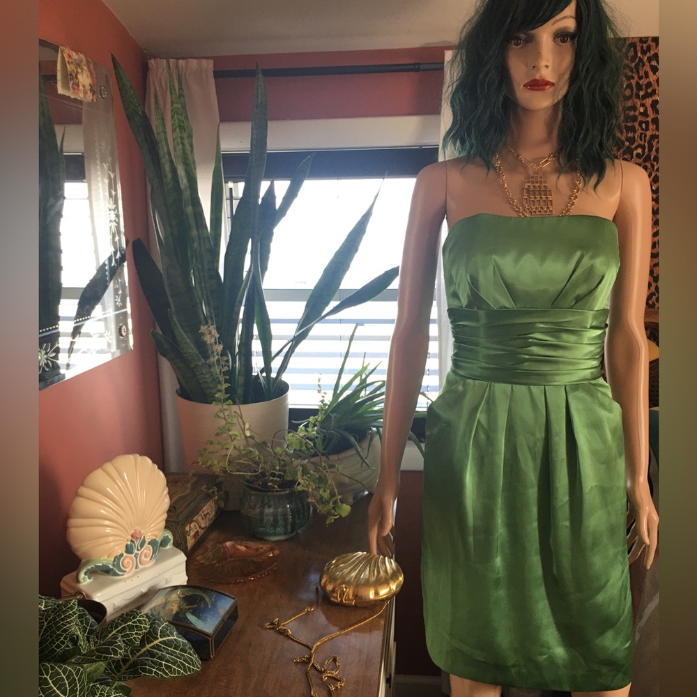 Special Occasion Green Cocktail Wedding Dress Strapless POCKETS! Poly Satin sz 6